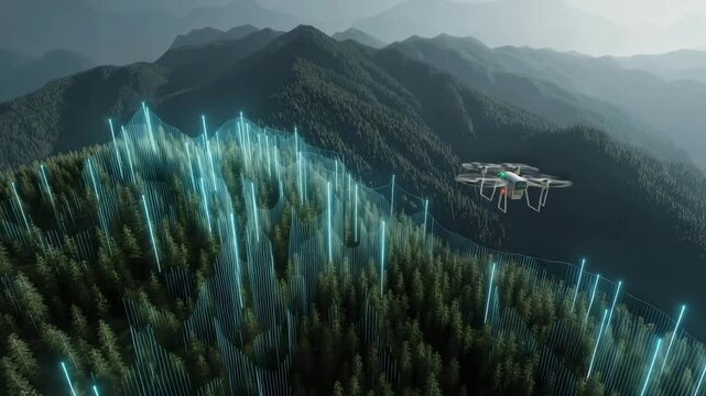 Vermessungsdrohne &uuml;ber Schlucht mit digitalen H&ouml;henlinien. K&uuml;nstliche Intelligenz KI