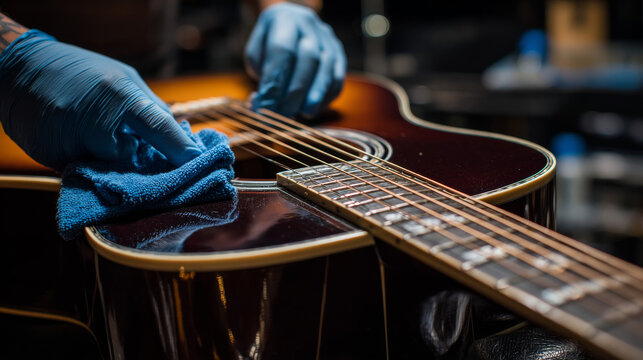 Technician carefully wipes down an acoustic guitar fretboard during routine instrument maintenance. 