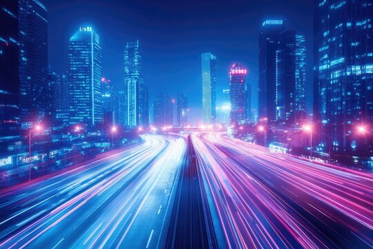 Futuristic cityscape at night with light trails from cars speeding along the highway, creating a dynamic and modern scene.