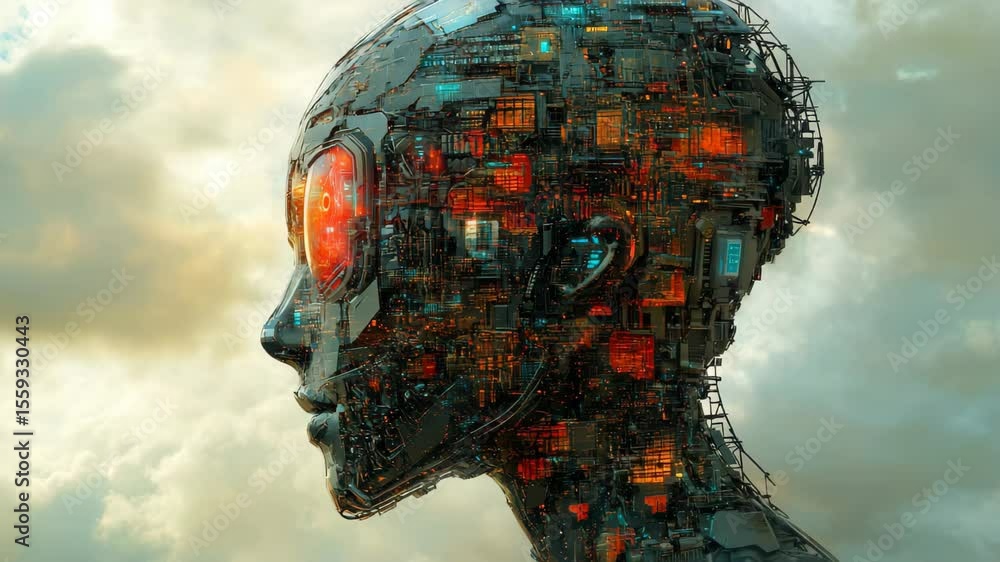Poster a mesmerizing look at the intersection of technology and humanity, showcasing a futuristic figure cr