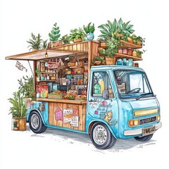 Obraz premium A colorful food truck with wooden panels serves fresh produce, drinks, and plants, featuring an open side and shelves filled with goods and greenery.