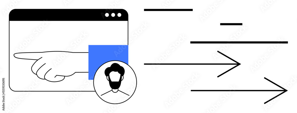 Poster hand inside window pointing right, face profile icon, arrows moving forward. ideal for guidance, use