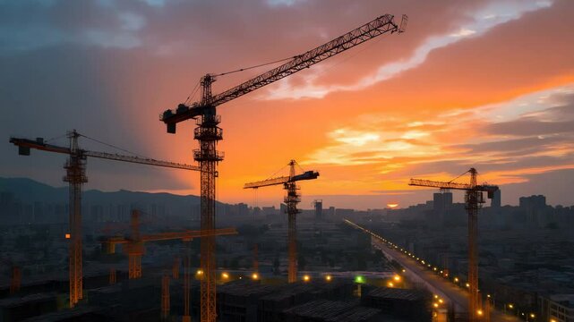 Baustellenkr&auml;ne bei Sonnenuntergang &uuml;ber Skyline. K&uuml;nstliche Intelligenz KI
