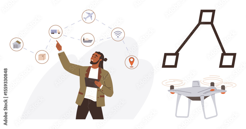 Poster man operates drone system via tablet, highlighting nodes of connectivity and internet of things appl