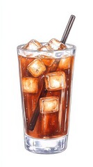 A tall glass filled with iced coffee and ice cubes, featuring a black straw, illustrated with a clean, detailed style on a white background.