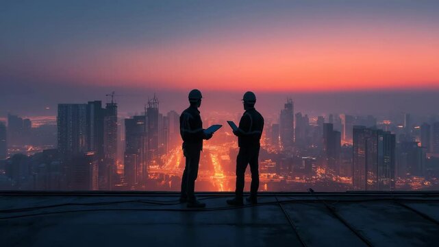Silhouetten zweier Bauplaner vor leuchtender Stadtlandschaft am Abend. K&uuml;nstliche Intelligenz KI