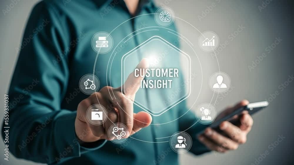Poster a person touching a customer insight graphic with icons around it while holding a phone in hand
