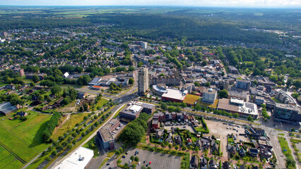 Aerial panorama view of the city Emmen in the Netherlands on a sunny morning in summer
