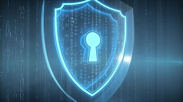 A glowing blue semi-transparent shield with a hollow (empty) keyhole cutout at its center, overlaid with flowing binary code (ones and zeros) symbolizing cybersecurity and encryption. 