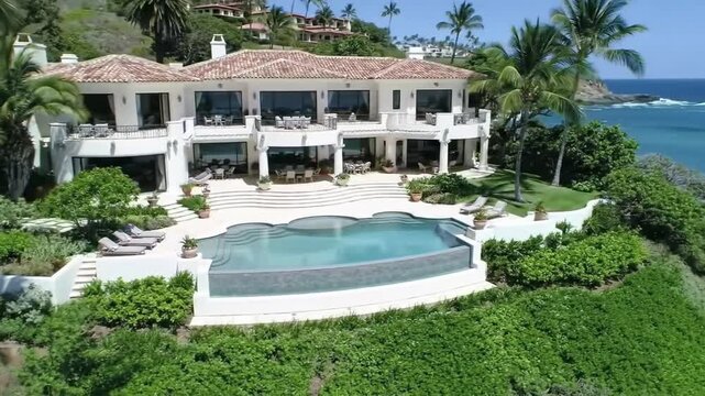 Aerial view of a large white villa with a red tile roof and a swimming pool near the ocean