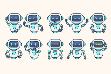 Kawaii Robot Set AI Assistant Characters in Various Poses