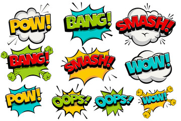Comic Book Speech Bubbles Bang, Pow, Smash, Wow, Oops Clipart