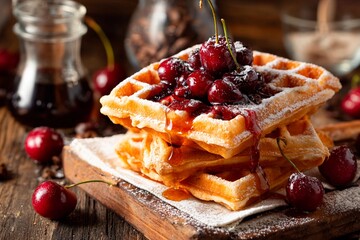 Golden brown waffles are stacked high on a wooden board, adorned with fresh cherries and drizzled with sweet syrup, creating a tempting breakfast treat