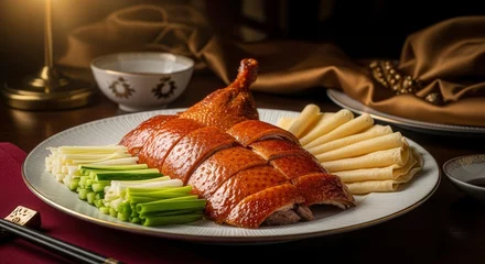 Fotobehang Peking Delicious peking duck recipe with pancakes and vegetables gourmet chinese cuisine food photography  © phj.domingos