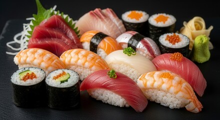 Delicious sushi platter with tuna shrimp and salmon roll japanese cuisine food photography art dish photo