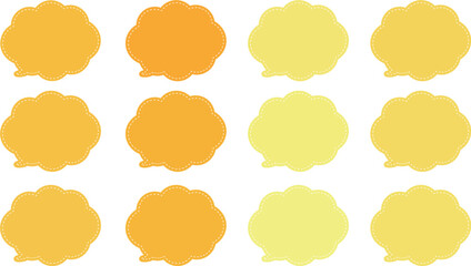 １２色の吹き出しセット。オレンジ色と黄色のふきだしセット。内側に白い破線がある。モコモコした雲の形。