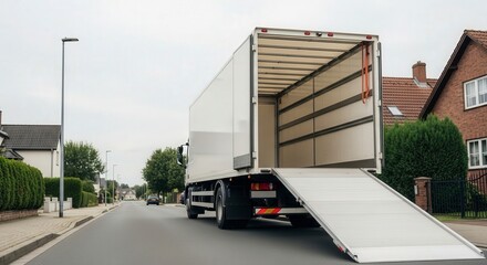 Professional moving truck with open loading ramp for easy relocation on residential street scene view