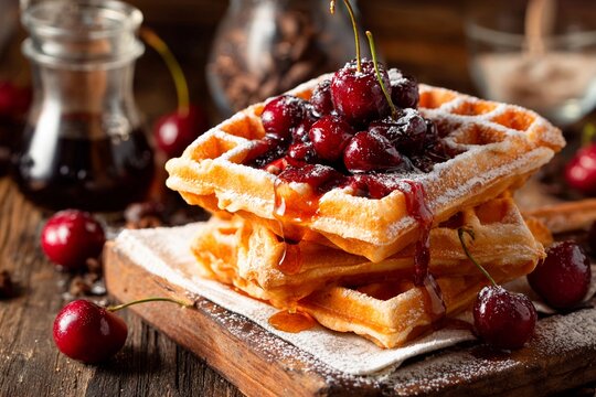 Golden brown waffles are stacked high on a wooden board, adorned with fresh cherries and drizzled with sweet syrup, creating a tempting breakfast treat - Powered by Adobe