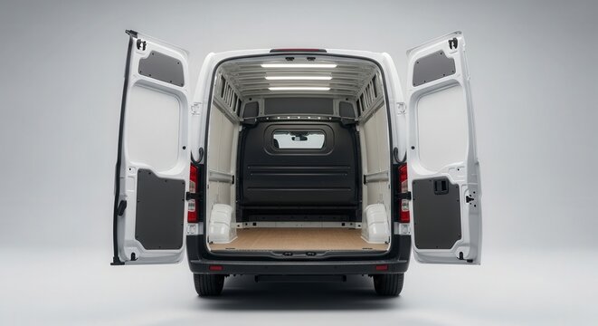 White van open doors cargo space interior transport vehicle delivery truck commercial automobile
