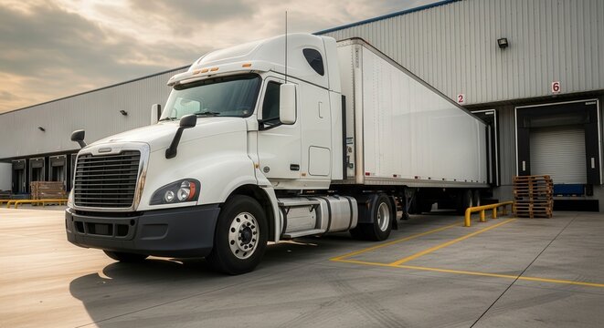 Freightliner semi truck at loading dock for logistics and transport services delivery and shipping goods - Powered by Adobe