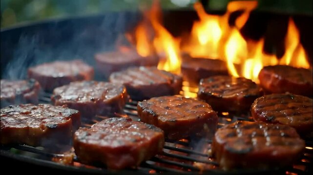 Ultra HD video of a summer backyard BBQ barbecue, showing a fiery grill loaded with sausages and steaks, detailed textures of the meat crisping under heat, with dense smoke curling up.
