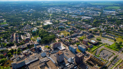 Aerial panorama view of the city Emmen in the Netherlands on a sunny morning in summer