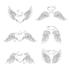 Angel wings with ring and heart sketch, pair of heraldic bird winged feathers hand drawn love heaven symbol vector set