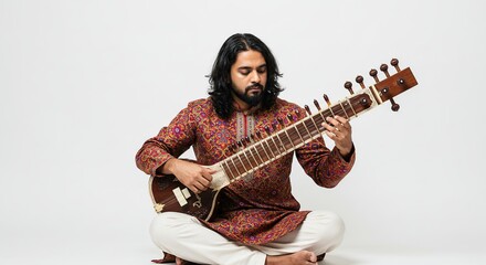 Fototapeta premium Man Playing Sitar Indian Classical Music Instrument Folk Traditional Indian Culture Detailed Portrait Isolated on White Background
