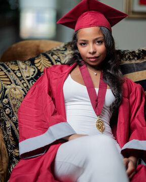Young African-American Teen Woman Graduation Cap and Gown