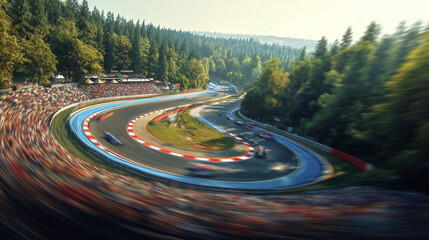 Motorsport racing video captures fast cars speeding through a forested racetrack with dynamic motion blur and enthusiastic crowd in the background.
