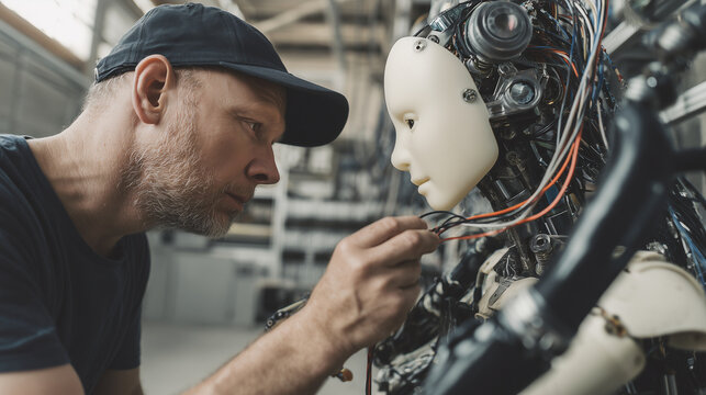 man repairing robot with detailed mechanical parts in futuristic workshop, focused engineer working on artificial intelligence technology in industrial background