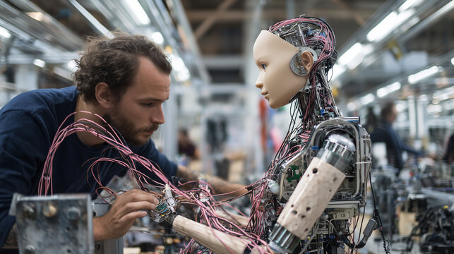 man repairing humanoid robot with visible wiring in futuristic workshop environment focused on technology and engineering innovation