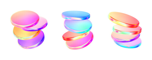 Set 3d hologram colorful disk liquid glass effect. Flying fluid pink, blue, yellow light glossy podium in row. Coin neon gradient. Holographic glass cylinder, disc, round shape. Vector illustration