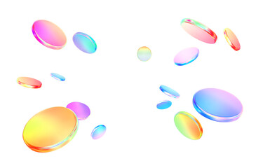 Obraz na płótnie Canvas 3d flying glass colorful neon coins isolated. Rain of abstract circle shape. Fall gradient holographic disk, cash, plate, neon coin. Concept casino, jackpot, finance, crypto. Vector illustration