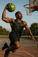 A muscular athlete leaps toward a basketball hoop, preparing to dunk a large watermelon instead of a ball