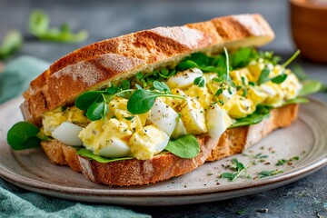 A hearty sandwich filled with creamy egg salad and fresh leafy greens rests on a rustic plate, showcasing an appetizing blend of flavors and textures