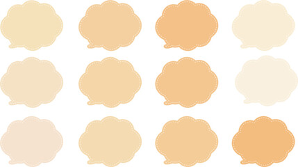 オレンジ色と肌色とベージュの１２色の吹き出しセット。吹き出しの内側に白い破線がある。