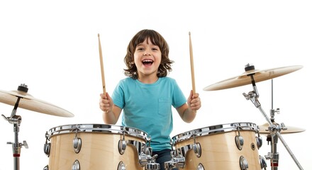 Excited young boy happily playing drum set with drumsticks isolated on white background energetic kid enjoying music practice rockstar talent fun