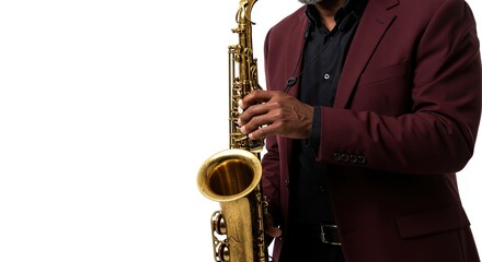 Obraz premium Musician Standing with a Saxophone Isolated on White Background Classic Music Concept