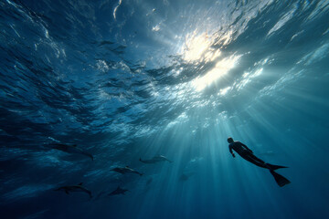Fototapeta premium A freediver swimming gracefully among dolphins.