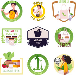 Vector set of eco icons in different shapes for veganism, plastic-free living and save the planet.