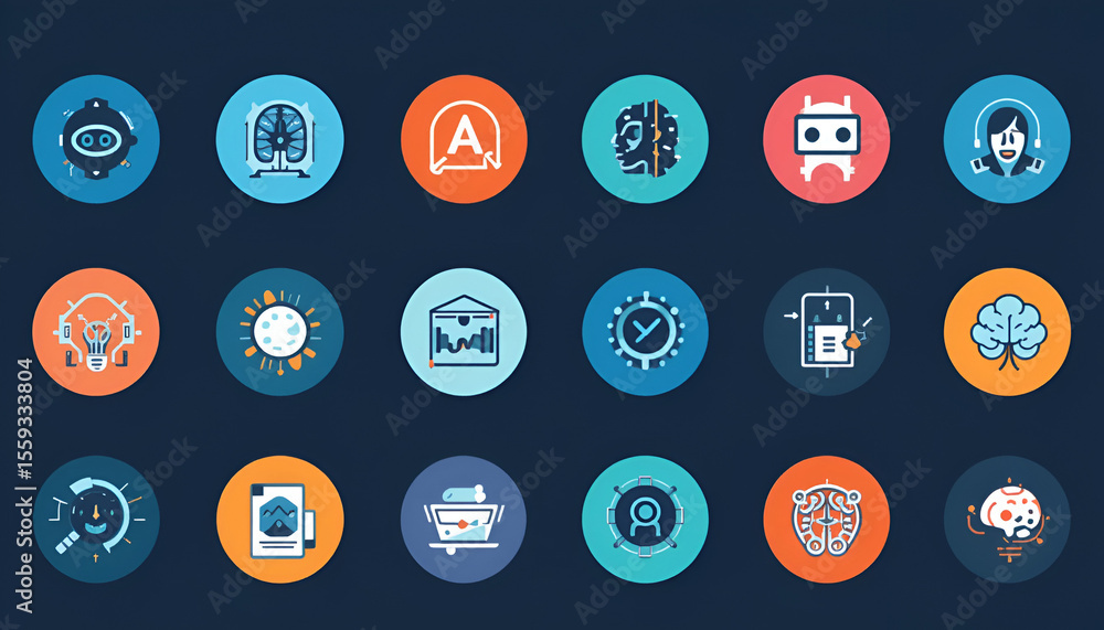 Poster artificial intelligence flat icons depict machine learning, automation, and various robotic solution
