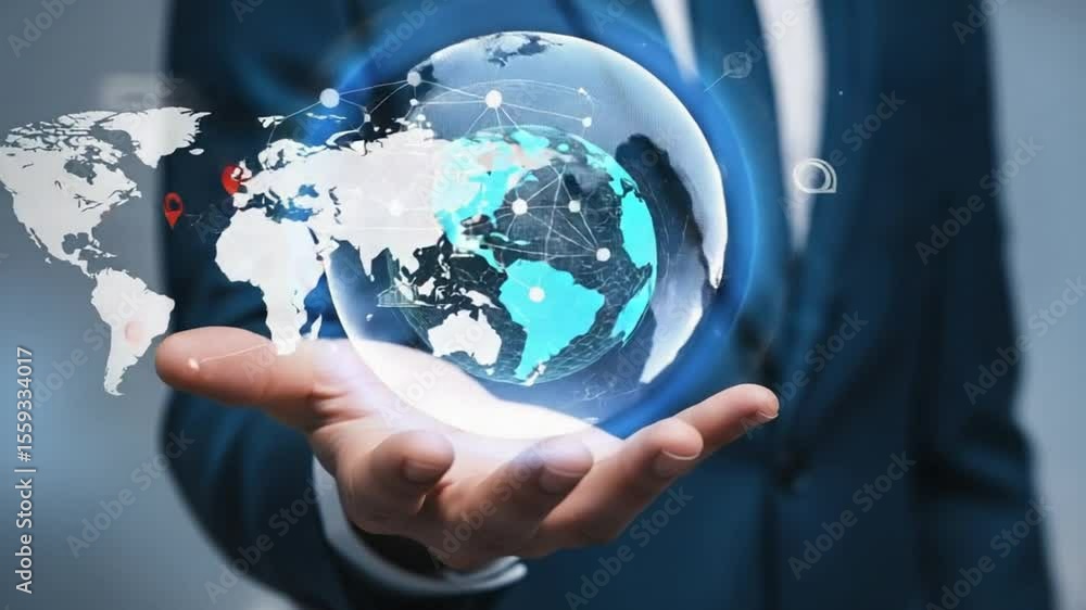 Poster A hand holding a globe with red map markers and connected lines on a world map illustration