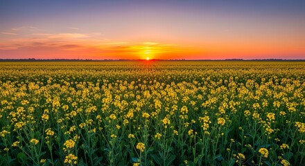 Fototapeta premium Vibrant Yellow Flowers in a Field at Sunset