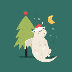 Cute Holiday Dragon in Santa Hat on Green Background