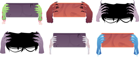 Creepy zombie, monsters corpse hands show a sign board, cartoon dead arms presentation banner, vector Halloween messages