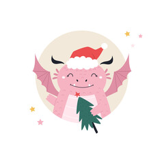 Cute Happy Dragon with Christmas Tree. Holiday Greeting Card, Illustration