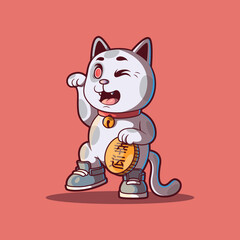 Cool Chinese Lucky Cat, Maneki Neko vector illustration. Mascot design concept.
