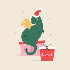 Cute Holiday Dragon in Santa Hat Sitting on a Pile of Gifts