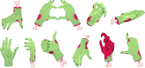 Creepy zombie hand gestures vector set, dead rotting flesh and bones, corpse arm thumbs up, heart walking dead elements